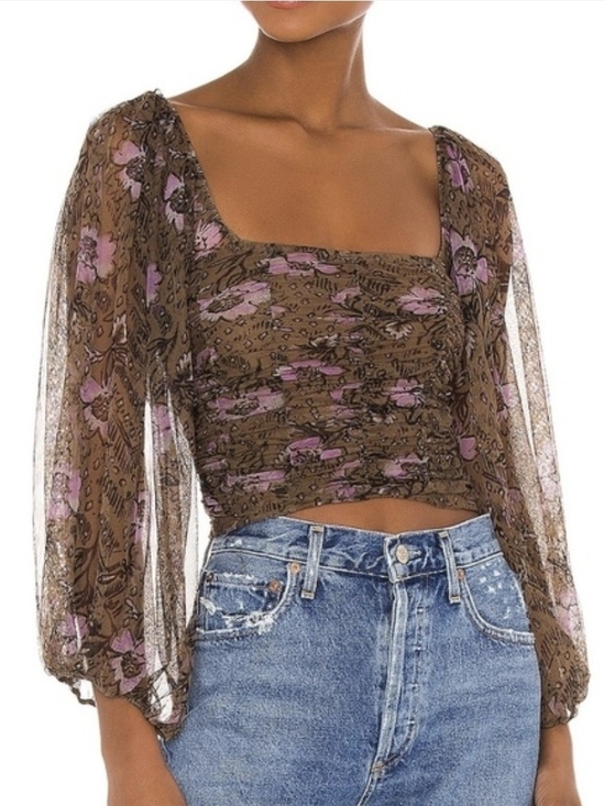 Free People Tops - Free People Lilia Crop Brown Floral Mesh with Purple And Square Neckline Small